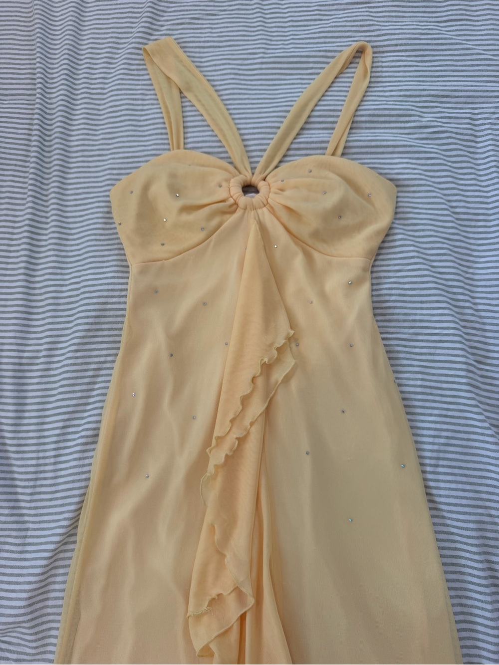 Vintage Pale Yellow High-Low Chiffon Dress with Rhinestones